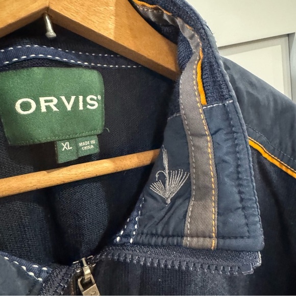 Orvis Navy Blue Wool Mens 1/4 Zip Pullover Jumper with Textured Elbows XL preppy - Picture 4 of 8